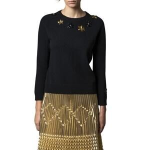 Le Superbe NWT Dripping Daisy Black Wool Beaded Crew Sweater XS NEW $375